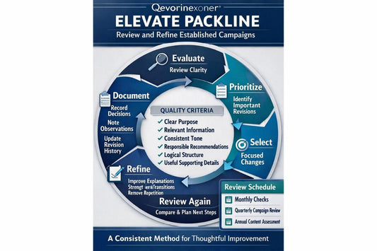 A circular marketing campaign improvement diagram titled 'Elevate Packline' by Qeverinexoner, featuring blue, white, and gray sections with text such as Evaluate, Prioritize, Select, Refine, and Review Again.