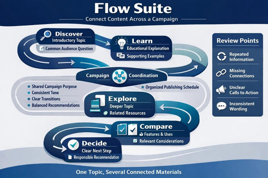 A digital flow chart diagram titled 'Flow Course' showing a service interruption process with connected system areas like services, processes, storage, users & permissions, resource pressure, network activity, and configuration difference on a dark blue background.
