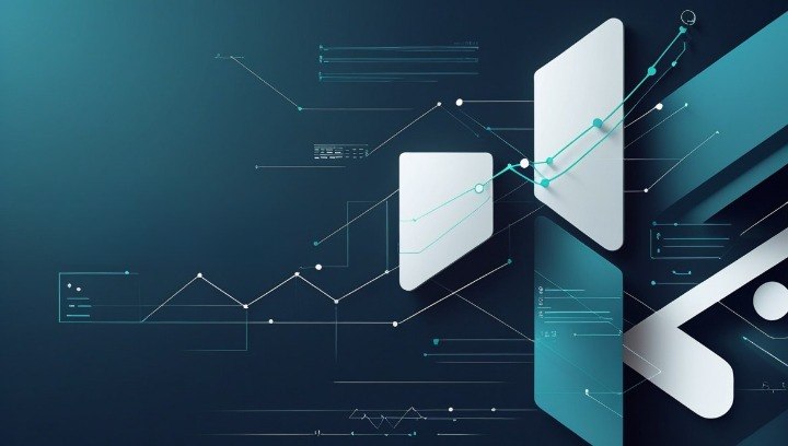 Abstract digital graphic featuring white geometric cards, teal and blue lines, and data-chart overlays on a dark teal background.