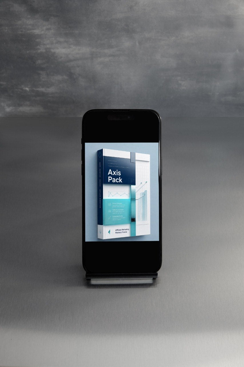 A smartphone on a small stand displaying a mockup for an 'Axis Pack' design template, set against a textured gray background.