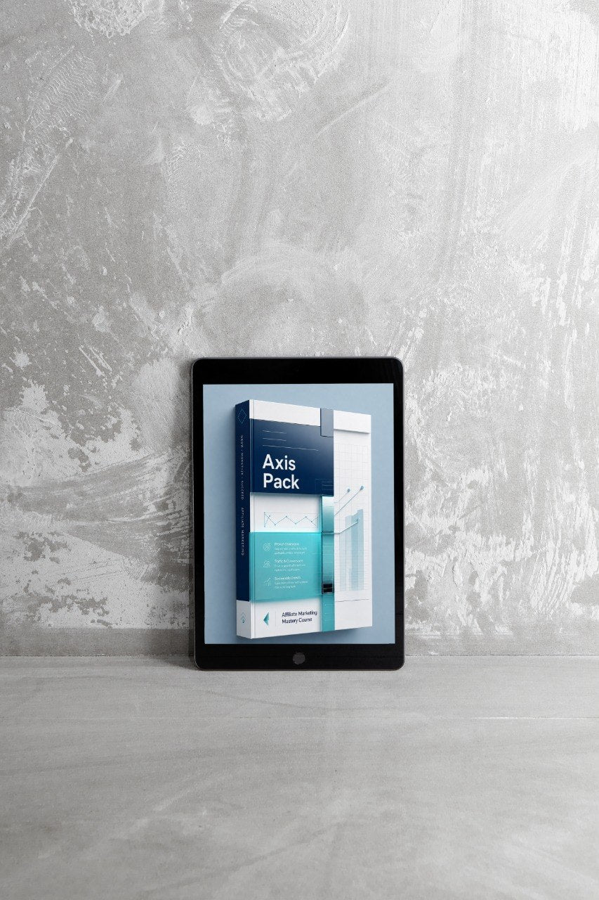 A tablet device standing upright against a textured gray wall, displaying a book or booklet cover titled 'Axis Pack' with blue, white, and teal graphics.