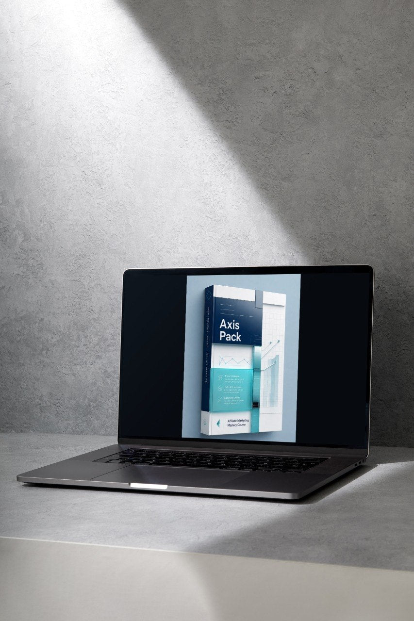 A dark gray laptop sits open on a light gray surface against a textured gray wall, with a dramatic spotlight casting shadows. The laptop screen displays a digital cover for a 'Flux Bundle'.