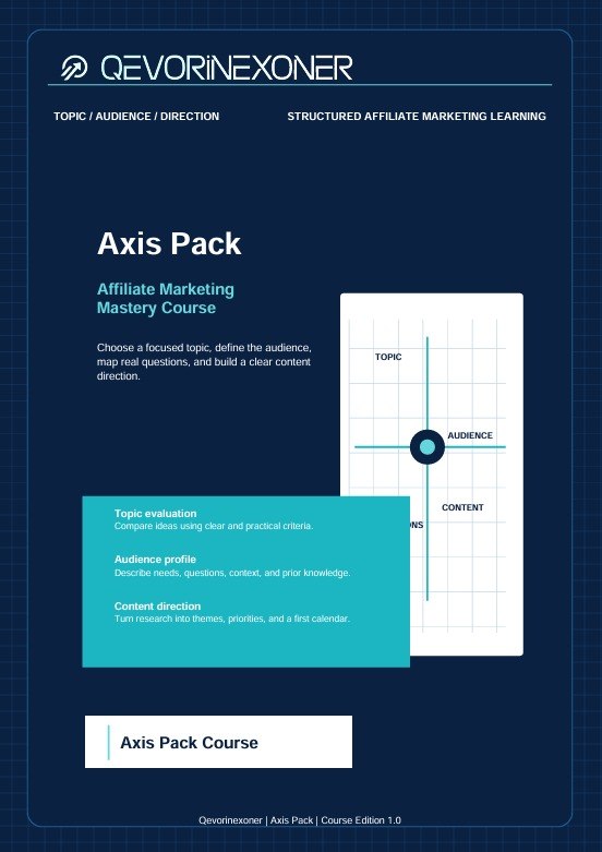 A digital cover graphic for the Qevinexoner Axis Pack Affiliate Marketing Mastery Course, featuring a dark navy blue background with a light blue and white layout, including a small diagram and course details.