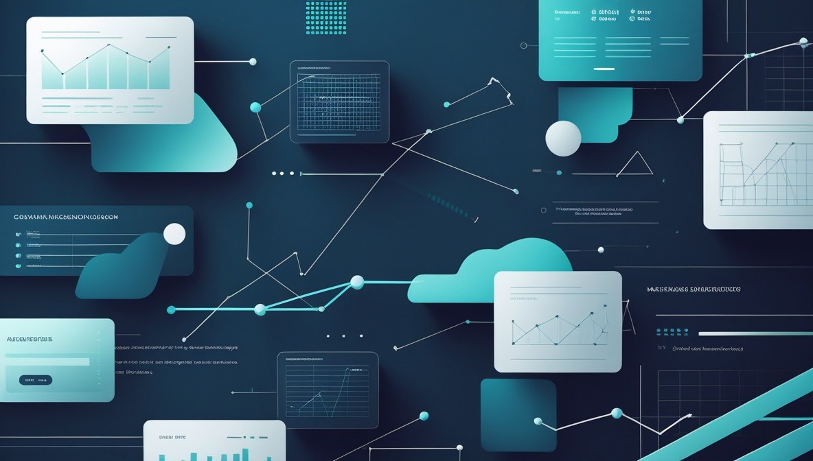 Abstract digital illustration featuring teal and light blue data analytics graphics, charts, screens, and geometric shapes arranged on a dark navy background.