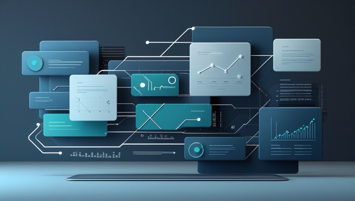 Abstract digital illustration of connected rectangular panels with charts, graphs, and data visualizations in shades of blue, teal, and gray on a dark background.