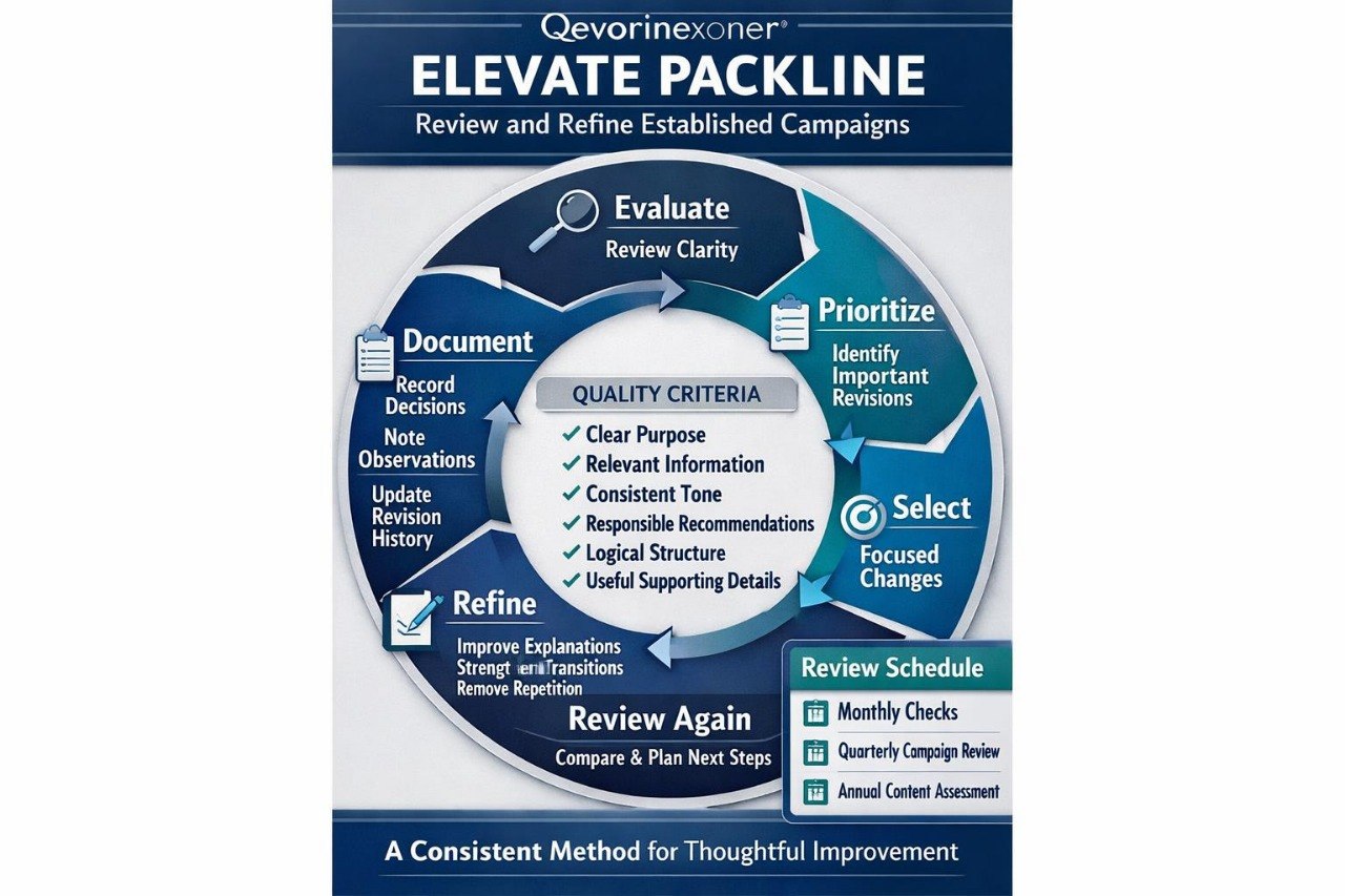 A circular marketing campaign improvement diagram titled 'Elevate Packline' by Qeverinexoner, featuring blue, white, and gray sections with text such as Evaluate, Prioritize, Select, Refine, and Review Again.