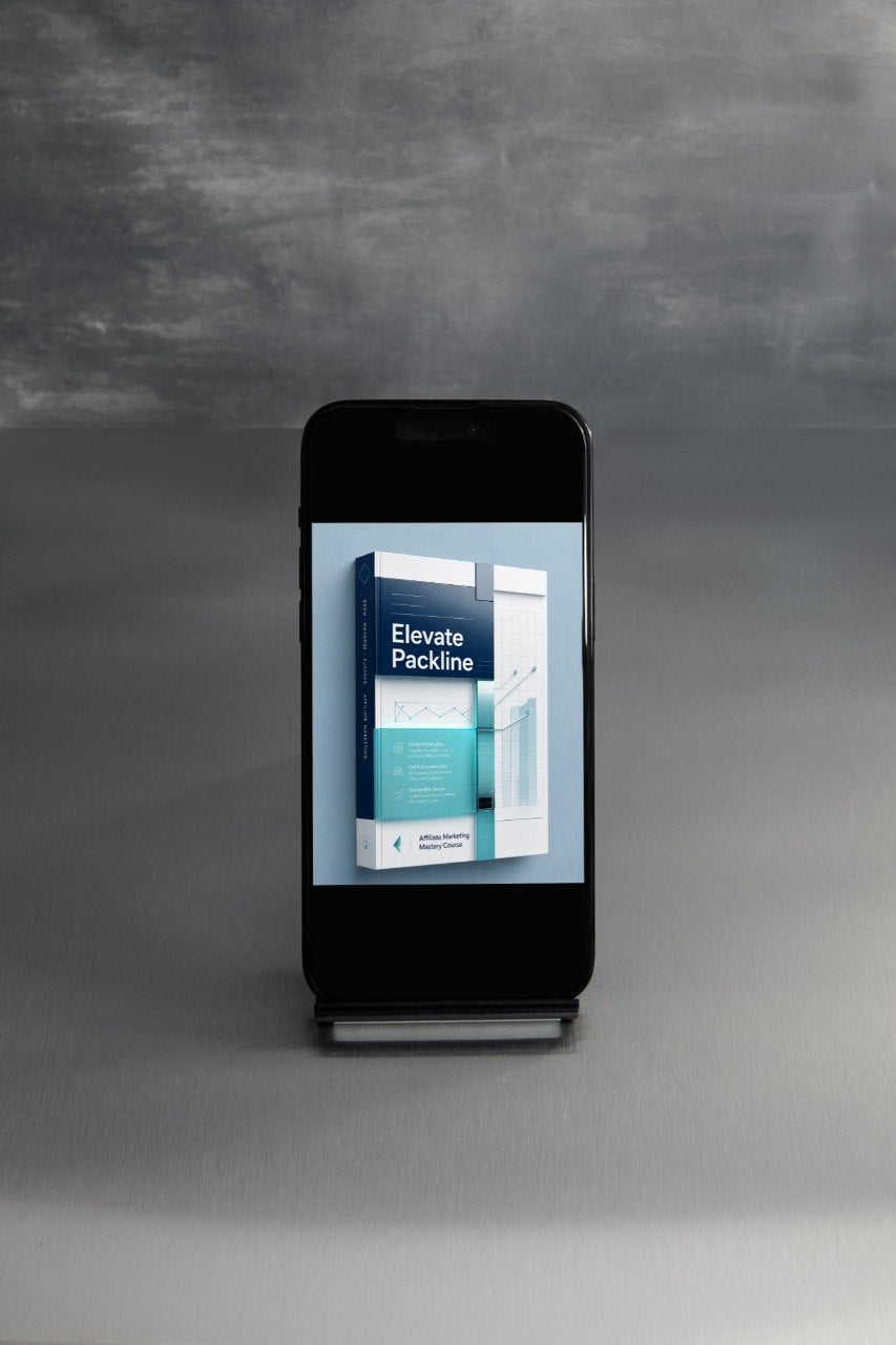 A black smartphone on a small display stand, showing a digital brochure or app interface with the text 'Peak Packline' on the screen, set against a textured gray background.