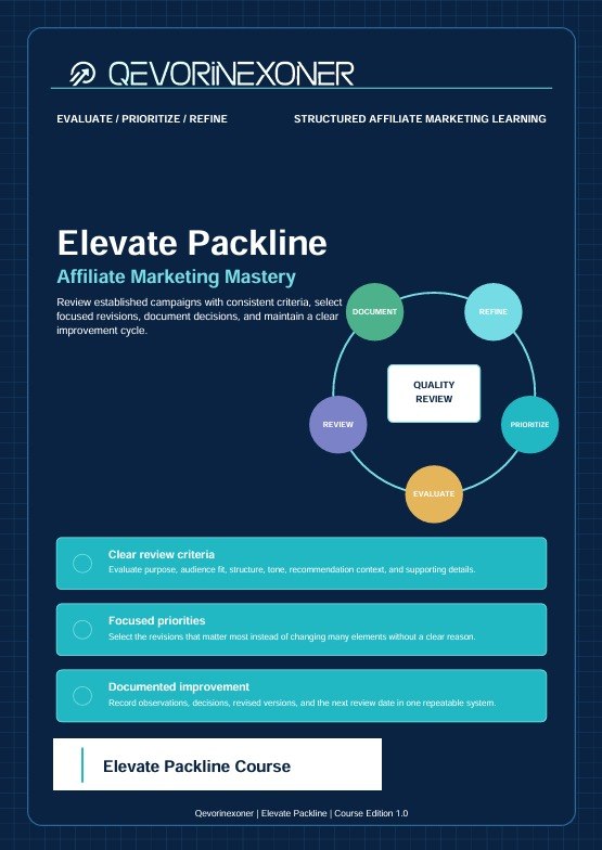 A digital cover for the Elevate Packline Affiliate Marketing Mastery course by Qevorinexoner, featuring a dark navy blue background with a light grid pattern, white and teal text, and a central circular diagram.