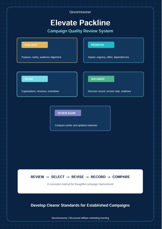 A dark blue digital infographic titled 'Elevate Packline' showing a campaign quality review system with labeled boxes for evaluate, prioritize, refine, document, and review again, plus a white banner with the words review, select, revise, record, compare.