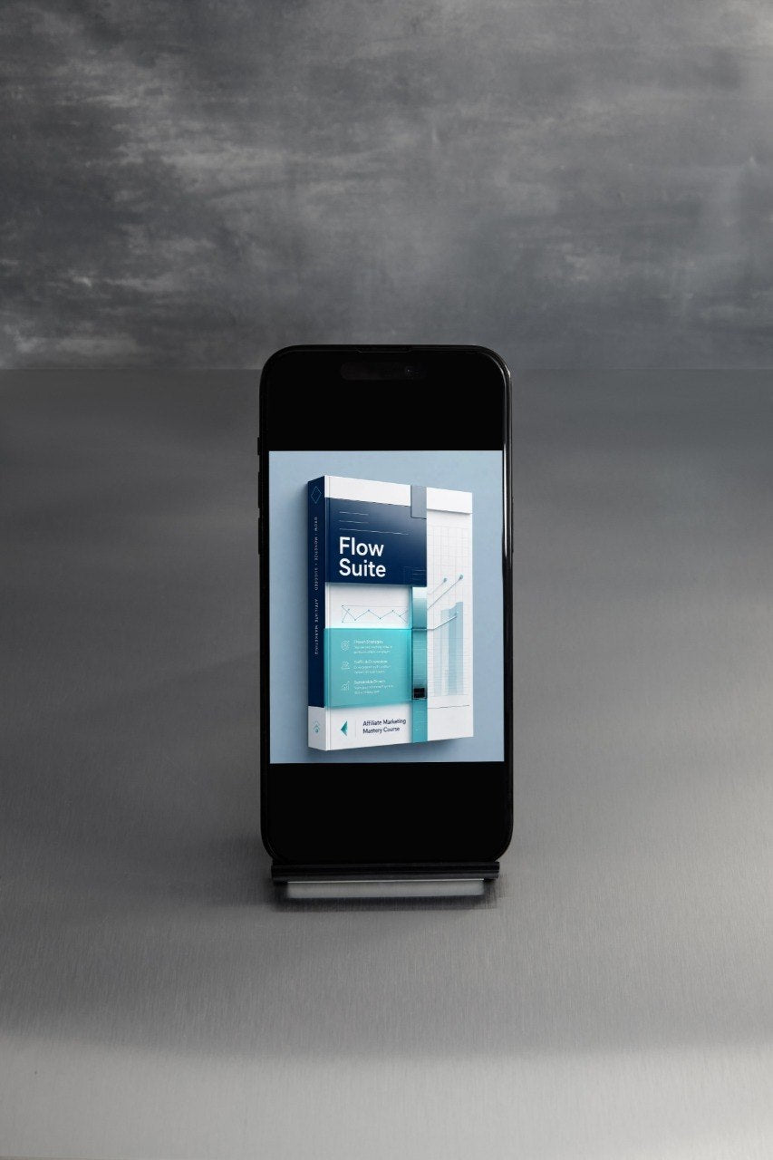 A black smartphone on a small stand, displaying a digital brochure or app interface titled 'Flow Suite' against a gray studio background.