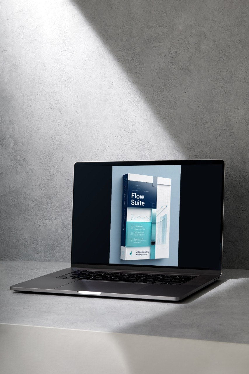 A dark gray laptop sits open on a light gray surface against a textured gray wall, with a dramatic spotlight casting shadows. The laptop screen displays a digital cover for a 'Flux Bundle'.