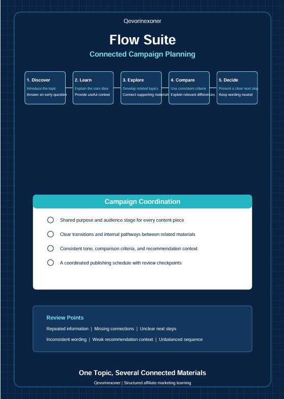 A dark blue digital infographic titled 'Flow Suite Connected Campaign Planning' with a five-step process diagram and a white box labeled 'Campaign Coordination' on a blue background.