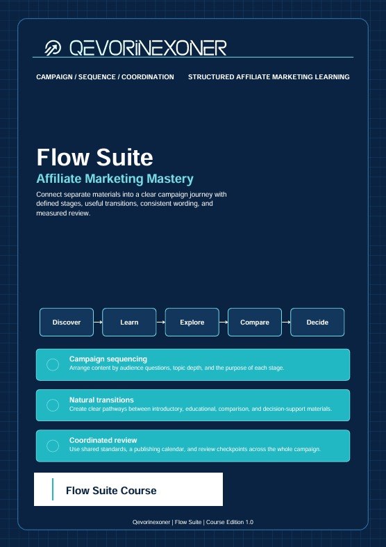 A digital cover page for the 'Flow Suite' Affiliate Marketing Mastery course by Qevorinexoner, featuring a dark navy blue background with white and light blue text and graphic elements.