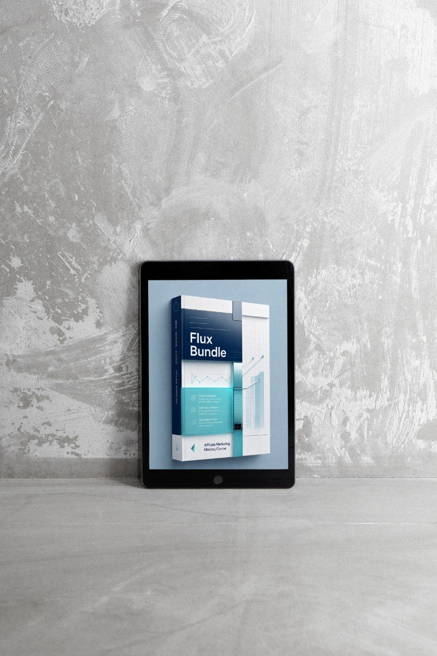 A tablet device standing upright against a textured gray wall, displaying a digital cover titled 'Flux Bundle' with blue and white graphics.