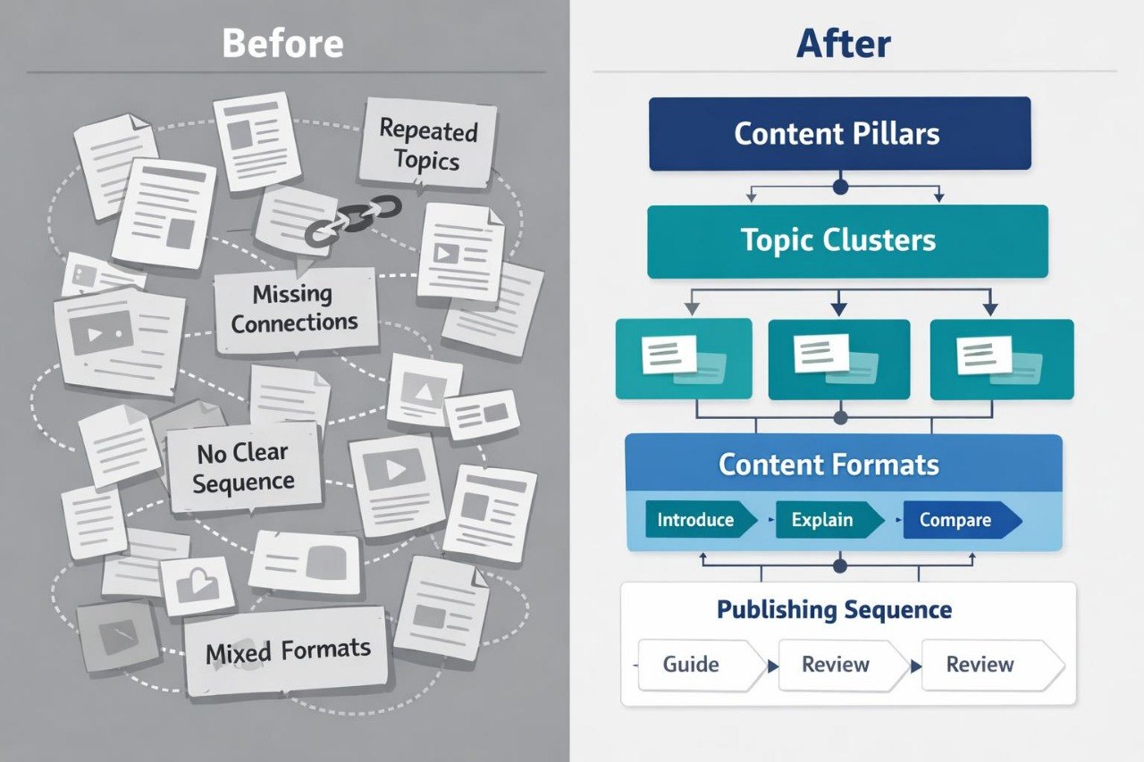 A side-by-side comparison graphic titled 'Before' and 'After' on a dark blue background, showing a diagram of interconnected system components such as configuration, services, permissions, storage, network, and scheduled operations. The left panel lists issues like overlooked dependencies and unknown effects; the right panel shows a streamlined connected view supporting clearer technical analysis.