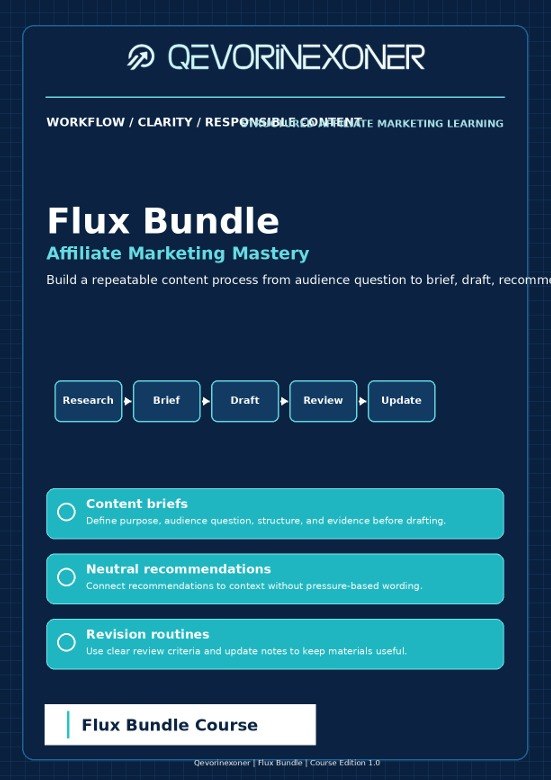 A digital cover graphic for the 'Flux Bundle: Affiliate Marketing Mastery' course by Qevorinexoner, featuring a dark navy blue background with white and bright teal text and diagram elements.