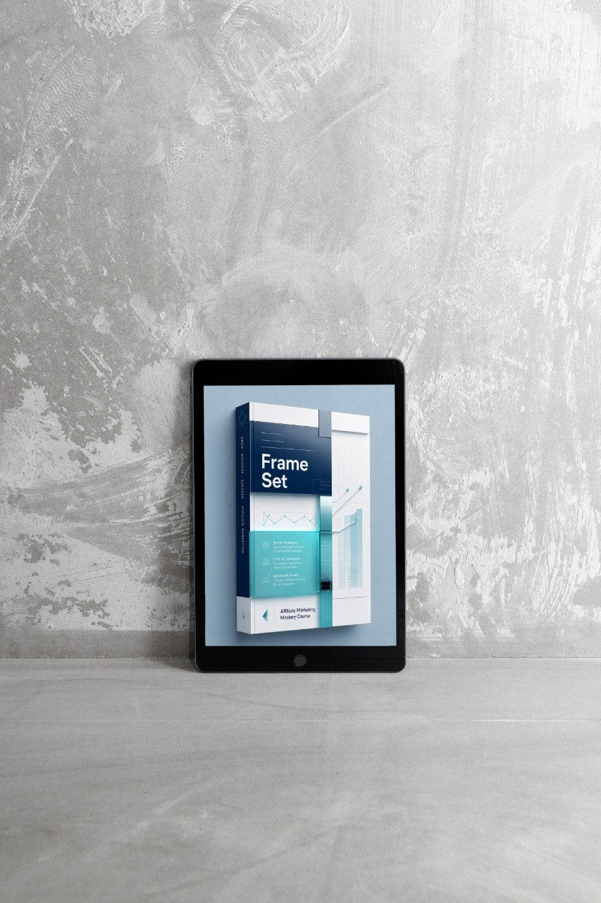 A tablet device standing upright against a textured gray wall, displaying a book or booklet cover titled "Frame Set" with blue and white graphics on its screen.