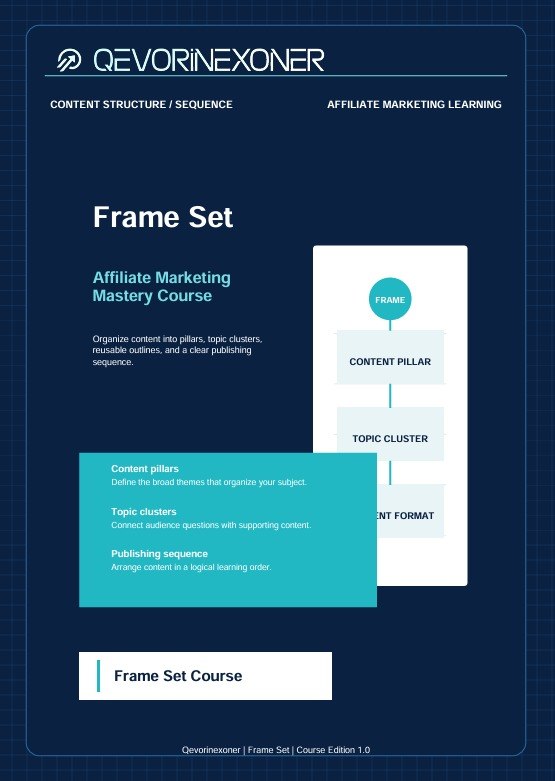 A digital cover graphic for the 'Frame Set' Affiliate Marketing Mastery Course by Qevorinexoner, featuring a dark navy blue background with a subtle grid pattern, white text, and a light blue and white diagram.
