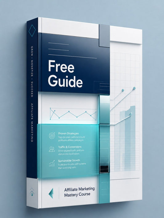 A 3D mockup of a book or guide cover titled 'Free Guide' with the subtitle 'Affiliate Marketing Mastery Course.' The cover is predominantly dark navy blue, white, and light aqua/turquoise, with line graphs and bar-chart graphics.