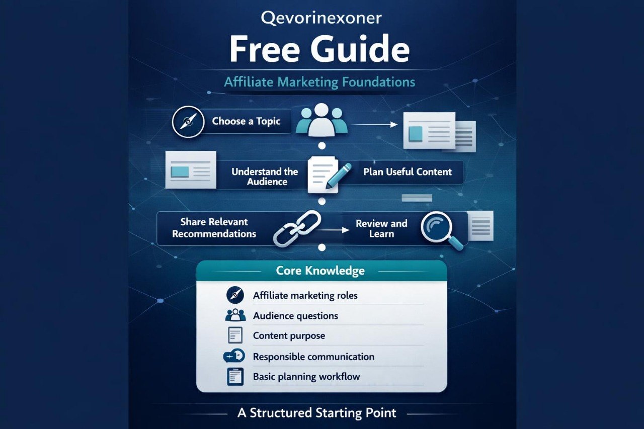 A digital presentation slide titled 'Free Guide' from Qoverinexoner, featuring a dark navy blue background with a grid pattern. The slide displays four colored boxes labeled 'BEHAVIOR', 'PLANNING', 'ACTIVE', and 'ARCHIVE', along with a white box illustrating a workflow path from CREATE to ARCHIVE.