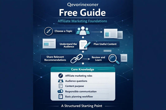 A digital presentation slide titled 'Free Guide' from Qoverinexoner, featuring a dark navy blue background with a grid pattern. The slide displays four colored boxes labeled 'BEHAVIOR', 'PLANNING', 'ACTIVE', and 'ARCHIVE', along with a white box illustrating a workflow path from CREATE to ARCHIVE.