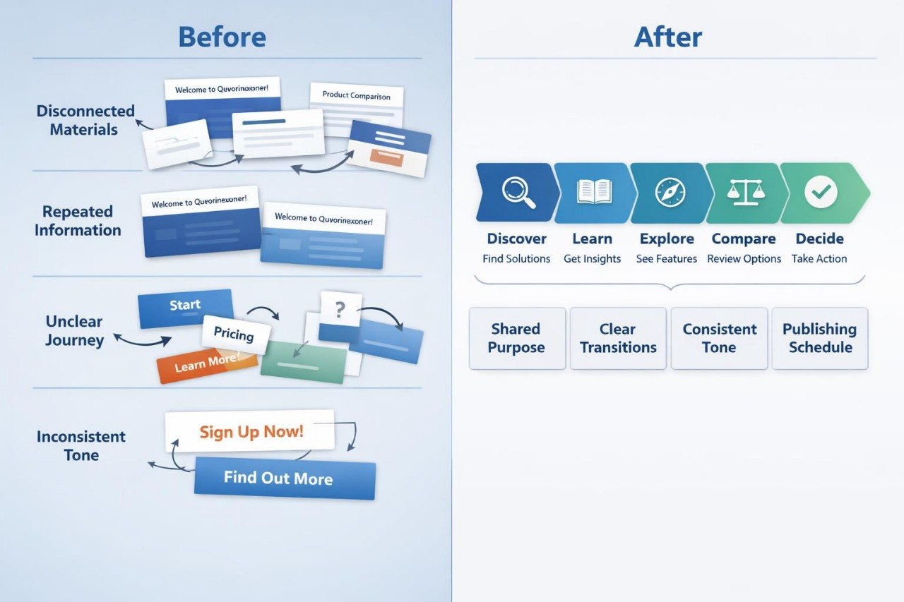 A side-by-side comparison graphic titled 'Before' and 'After' on a dark blue background, showing a diagram of interconnected system components such as configuration, services, permissions, storage, network, and scheduled operations. The left panel lists issues like overlooked dependencies and unknown effects; the right panel shows a streamlined connected view supporting clearer technical analysis.