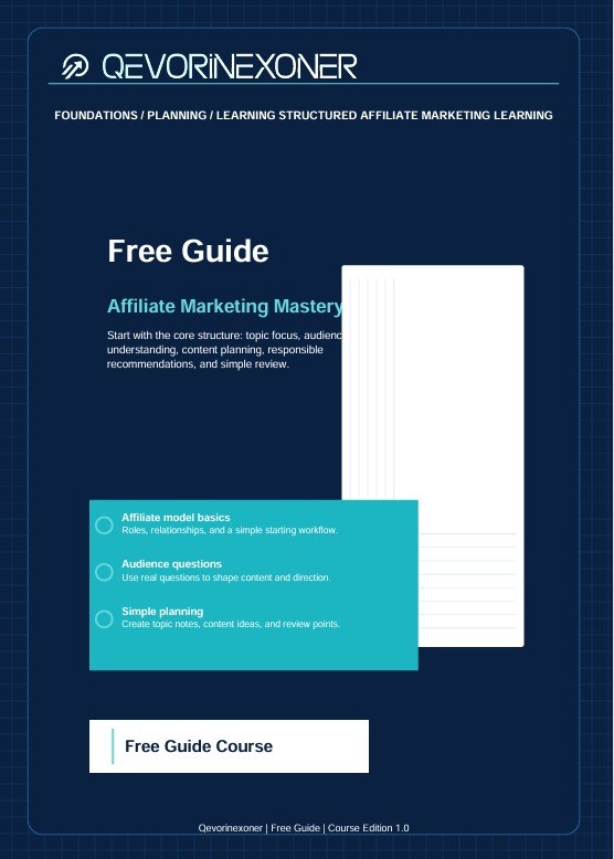 A digital cover for a Qevorinexoner free guide course titled 'Affiliate Marketing Mastery'. The design features a dark navy blue background with a subtle grid pattern, white text, and a white notebook mockup on the right side.