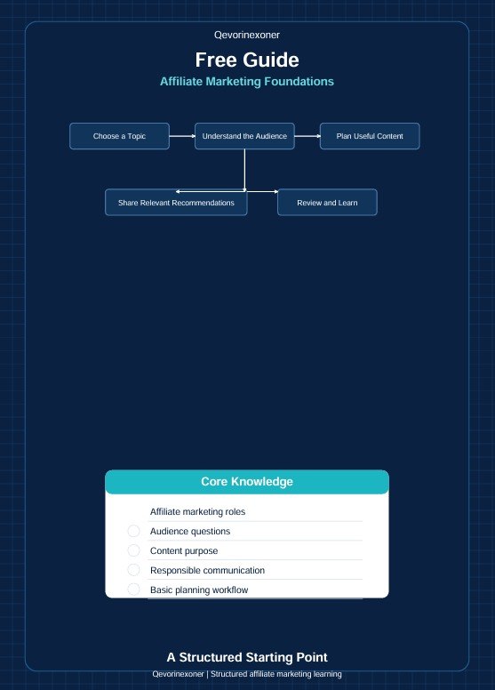 A digital cover page for a free guide titled 'Affiliate Marketing Foundations' by Devorexoner, featuring a dark navy blue background with a flowchart and a 'Core Knowledge' checklist box.