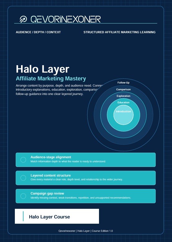 A digital cover for the 'Halo Layer Affiliate Marketing Mastery' course by Qevorinexoner, featuring a dark navy blue background with a light blue circular diagram and text blocks.