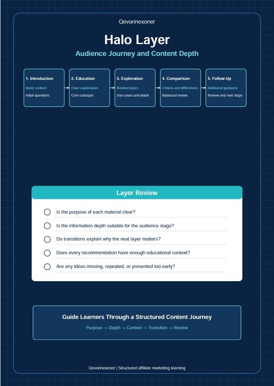 A dark blue digital infographic titled 'Halo Layer' with text and flowchart boxes about audience journey and content depth, plus a 'Layer Review' checklist.