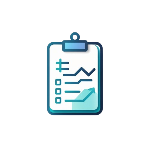 A flat vector icon of a clipboard with a checklist, graph, and upward-trending arrow in shades of blue and teal on a white background.