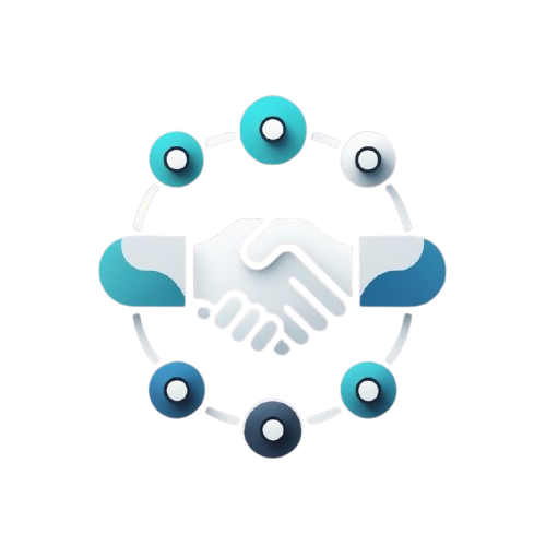A minimalist vector graphic showing a network of interlocking gears and process nodes in shades of blue and cyan on a solid white background.