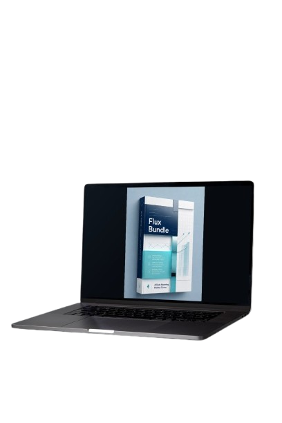 A dark gray laptop sits open on a light gray surface against a textured gray wall, with a dramatic spotlight casting shadows. The laptop screen displays a digital cover for a 'Flux Bundle'.