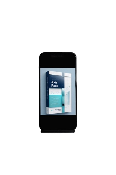 A smartphone on a small stand displaying a mockup for an 'Axis Pack' design template, set against a textured gray background.
