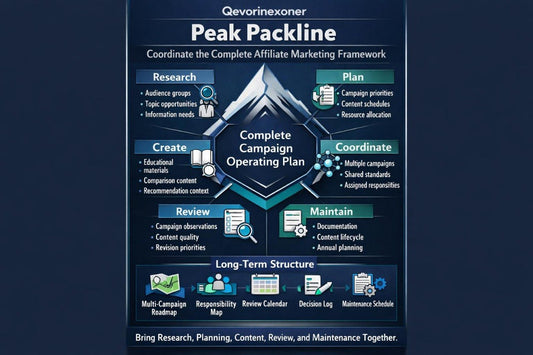 A digital presentation slide titled 'Peak Packline' from Qoverinexoner, featuring a dark navy blue background with a grid pattern. The slide displays four colored boxes labeled 'BEHAVIOR', 'PLANNING', 'ACTIVE', and 'ARCHIVE', along with a white box illustrating a workflow path from CREATE to ARCHIVE.
