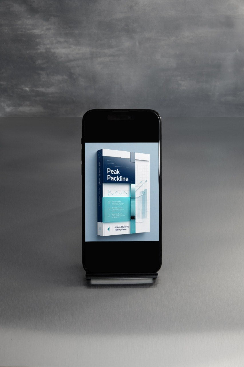 A black smartphone on a small display stand, showing a digital brochure or app interface with the text 'Peak Packline' on the screen, set against a textured gray background.