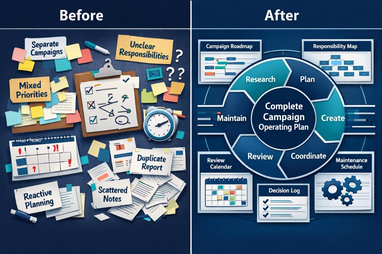 A before-and-after comparison graphic for campaign management. The left side, labeled 'Before', shows a cluttered desk with sticky notes, a clipboard, a clock, and scattered papers.