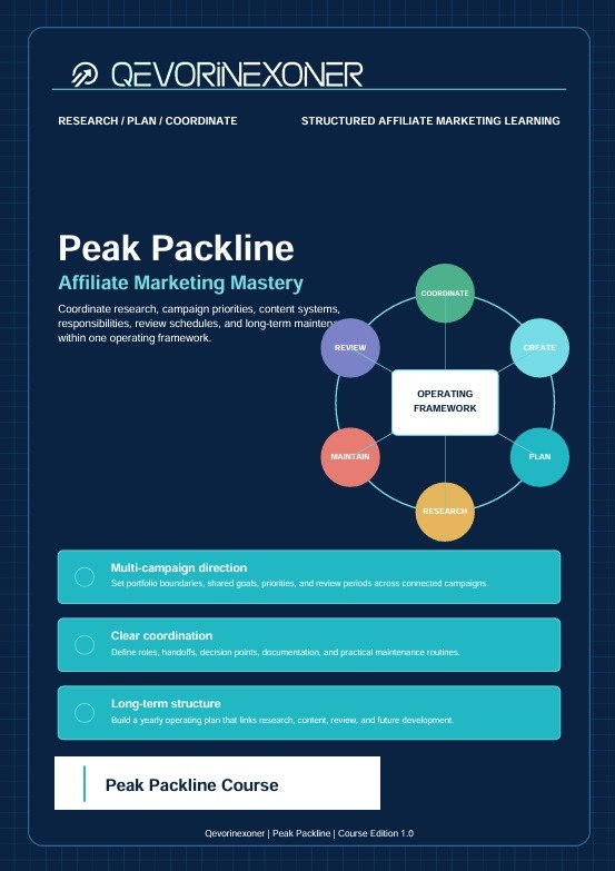 A digital cover for a course or guide titled 'Peak Packline Affiliate Marketing Mastery' by Qevorinexoner, shown on a dark blue background with a circular diagram and three teal feature boxes.