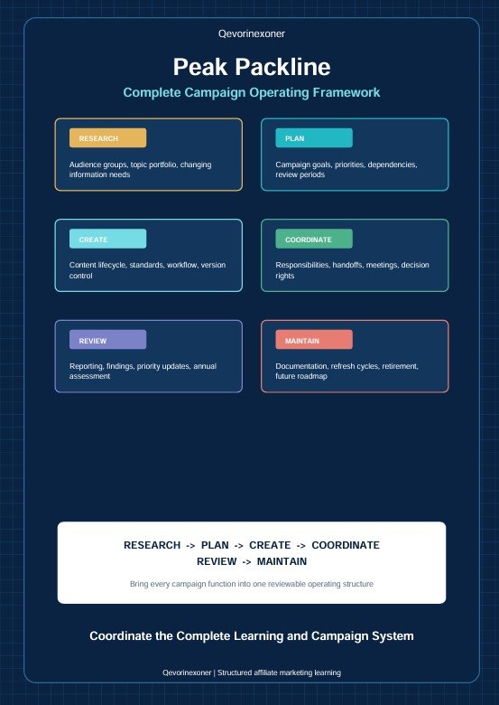 A dark blue infographic poster titled 'Peak Packline' with the subheading 'Complete Campaign Operating Framework.' It contains six colored rectangular boxes with labels such as Research, Plan, Create, Coordinate, Review, and Maintain, plus a white box at the bottom showing a process flow.