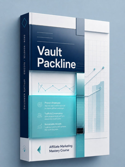 A 3D mockup of a book or course cover titled 'Vault Packline' with the subtitle 'Affiliate Marketing Mastery Course,' shown against a soft blue-gray background. The cover is predominantly white and dark navy blue with a bright aqua/turquoise panel and simple line-chart graphics.