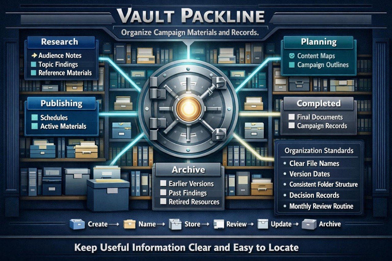 Digital graphic for 'Vault Packline' showing a central vault door surrounded by shelves of files and folders, with labeled sections for Research, Planning, Publishing, Completed, and Archive in a dark blue interface layout.