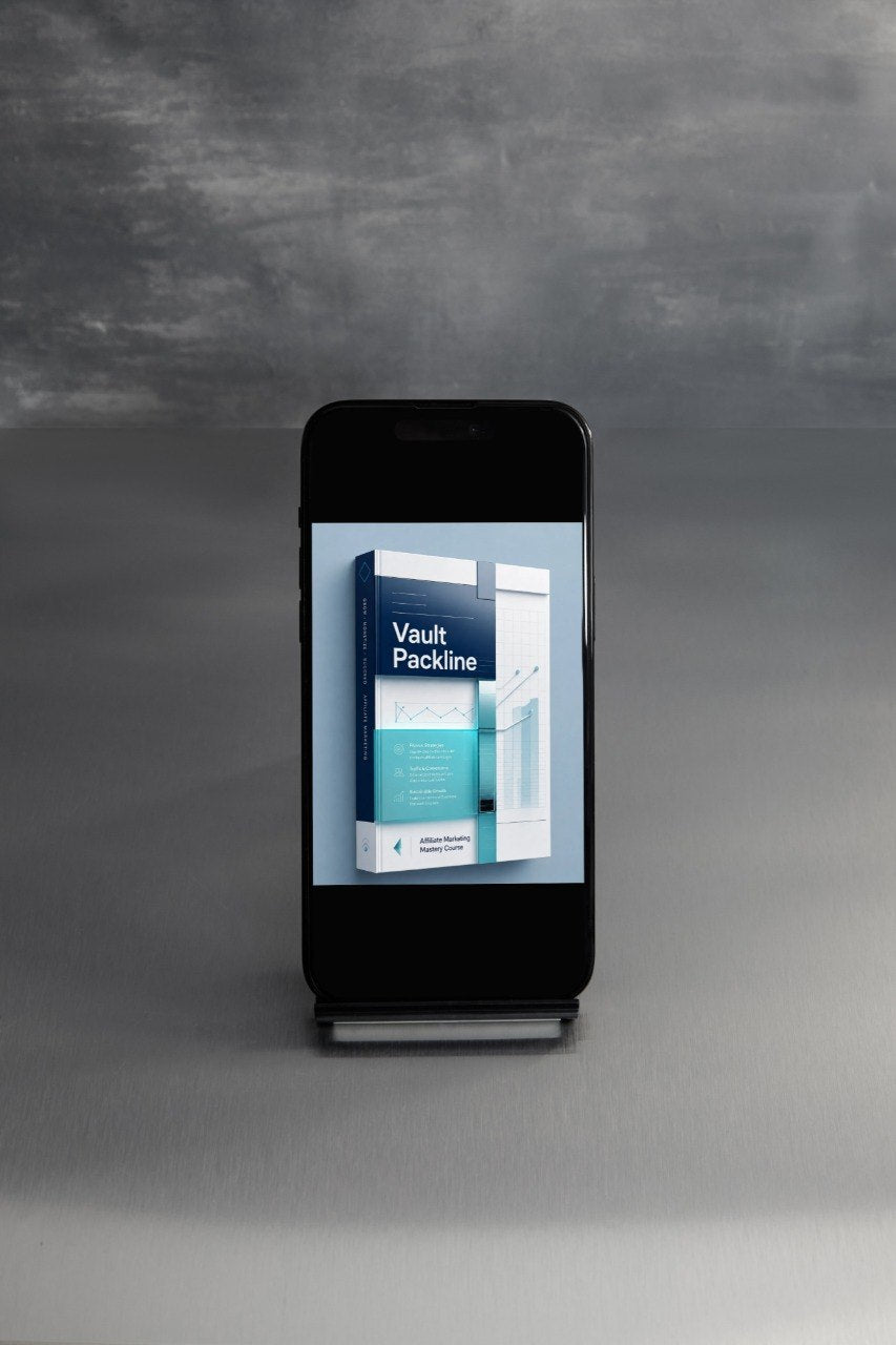 A black smartphone on a small display stand, showing a digital brochure or app interface with the text 'Peak Packline' on the screen, set against a textured gray background.