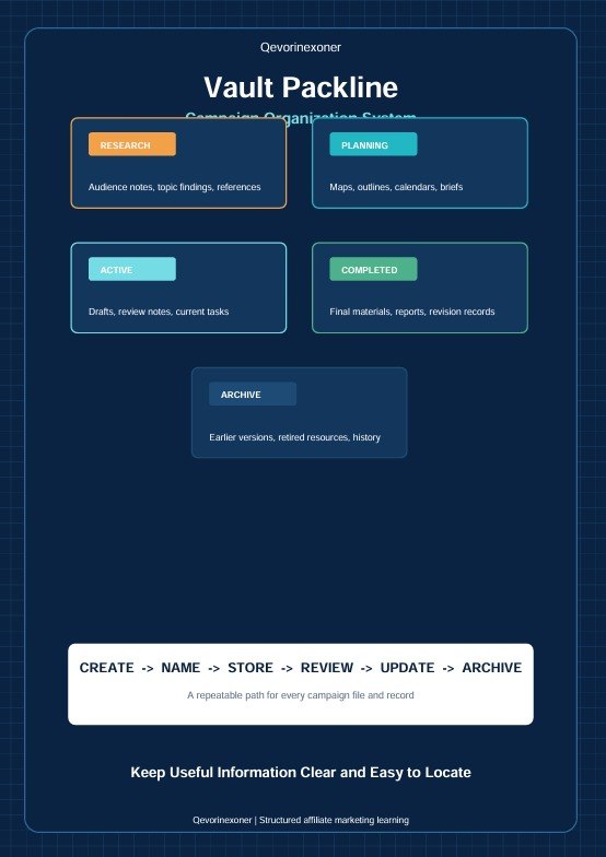 A digital presentation slide titled 'Vault Packline' from Qoverinexoner, featuring a dark navy blue background with a grid pattern. The slide displays four colored boxes labeled 'BEHAVIOR', 'PLANNING', 'ACTIVE', and 'ARCHIVE', along with a white box illustrating a workflow path from CREATE to ARCHIVE.