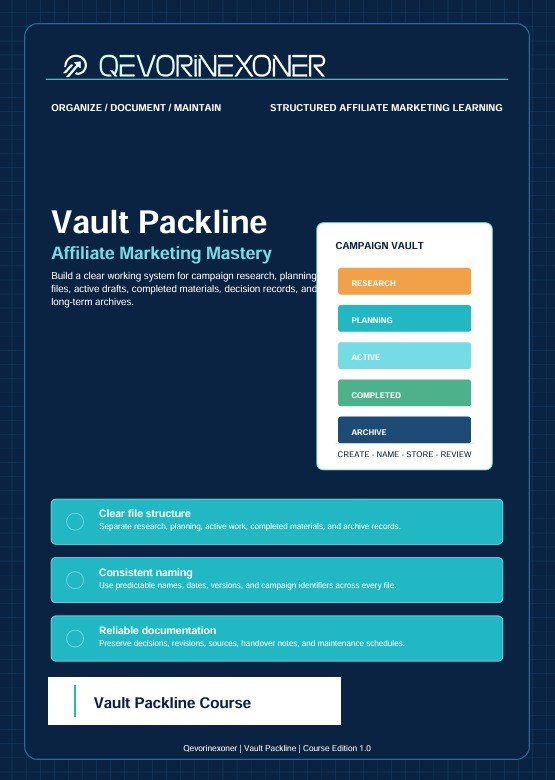 A digital cover for the 'Vault Packline' Affiliate Marketing Mastery course by Qevorinexoner, featuring a dark navy blue background with a light blue grid pattern, white text, and a white card displaying a campaign vault interface with orange, teal, and green sections.