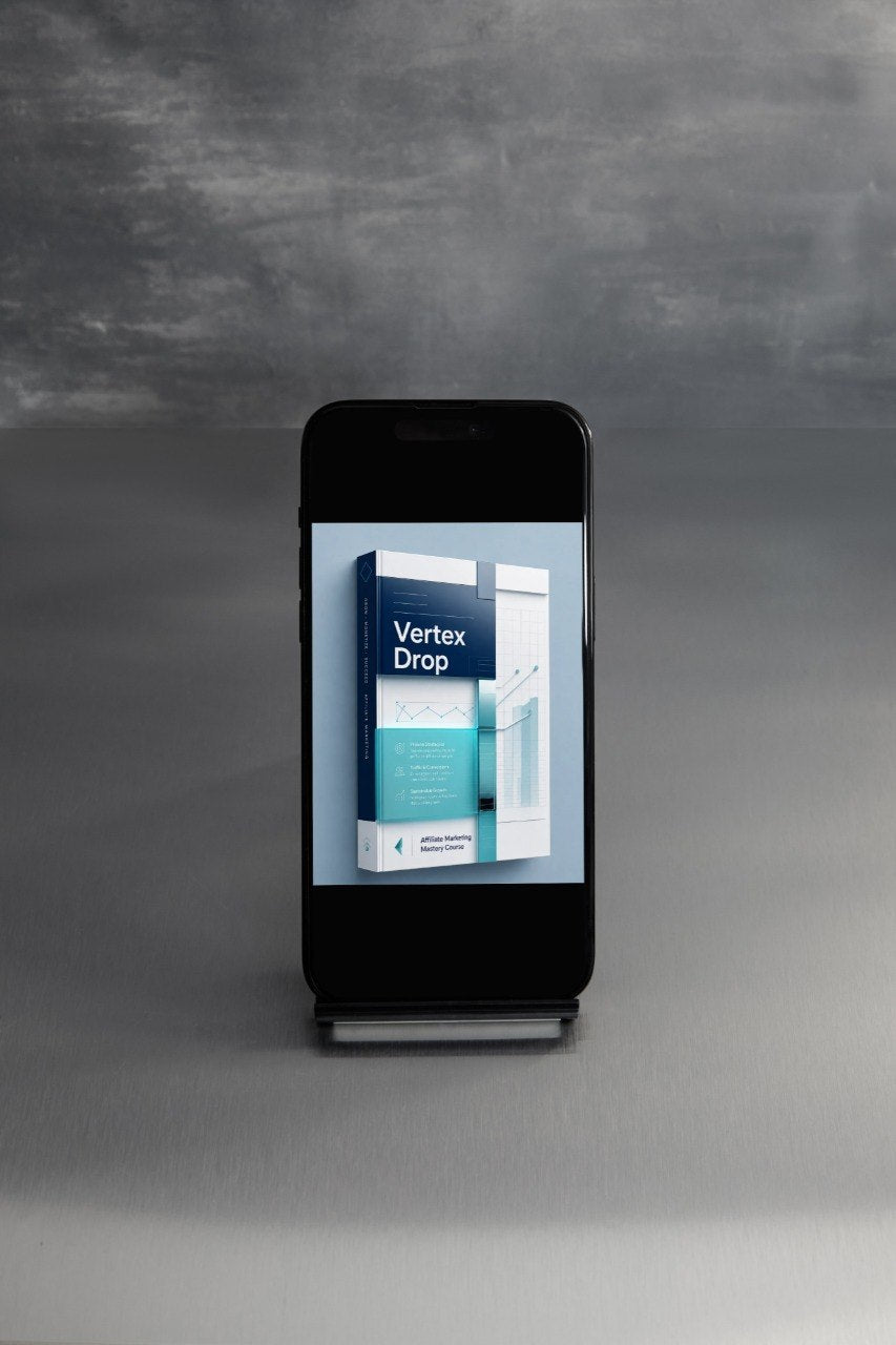 A black smartphone on a small display stand, showing a digital brochure or app interface with the text 'Peak Packline' on the screen, set against a textured gray background.