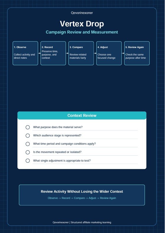 A dark blue digital infographic titled 'Vertex Drop Campaign Review and Measurement' with a step-by-step process diagram, a 'Context Review' checklist box, and a blue banner at the bottom.