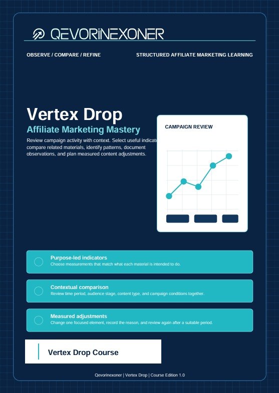 A digital cover page for the Vertex Drop Affiliate Marketing Mastery course by Gevorinexon. The design features a dark navy blue background with a subtle grid pattern, white text, and a bright teal accent bar.